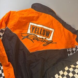 VTG Swingster Yellow Racing Jacket USA Orange Black Checkered Sleeve Mens XL